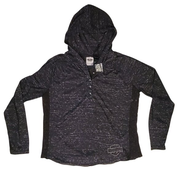 Harley-Davidson Black Burnout Henley Style Hoodie with Lace Inset on Sides  NEW - Picture 10 of 16